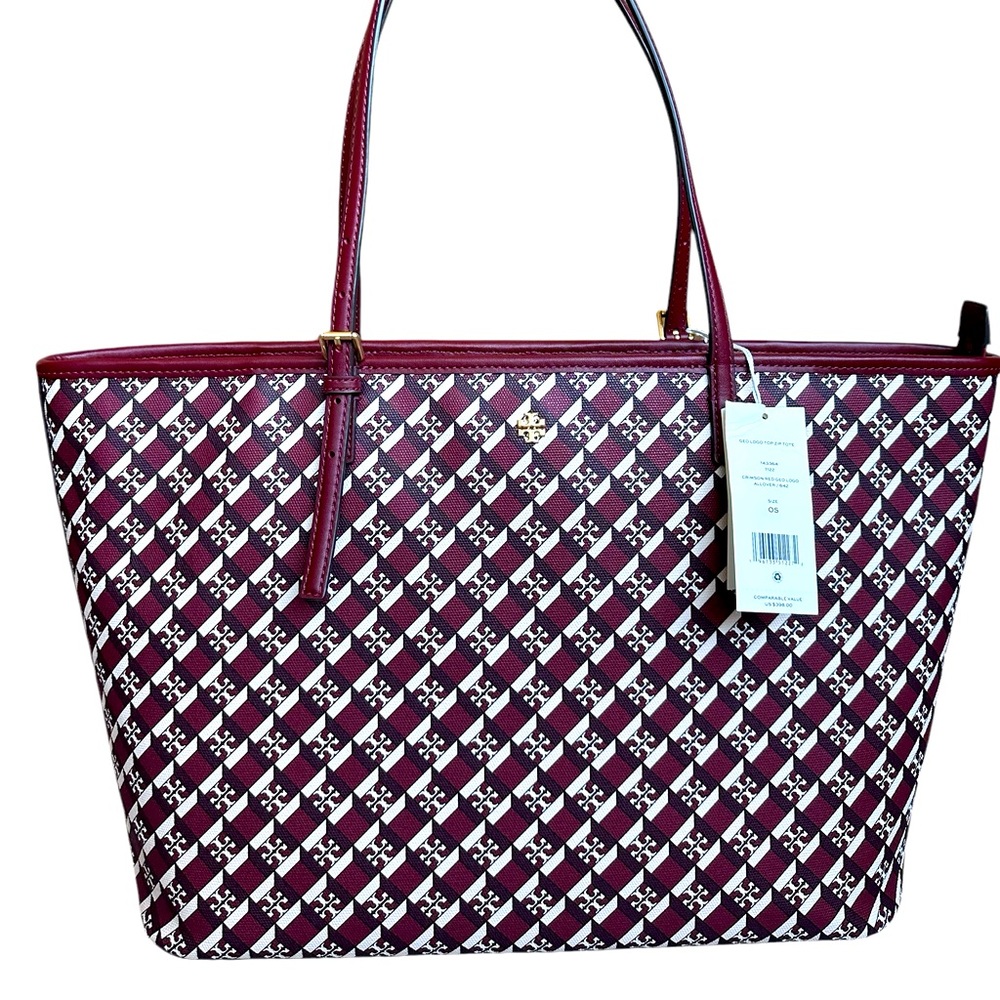 Tory Burch Geo Logo Top Zip Tote Crimson Red